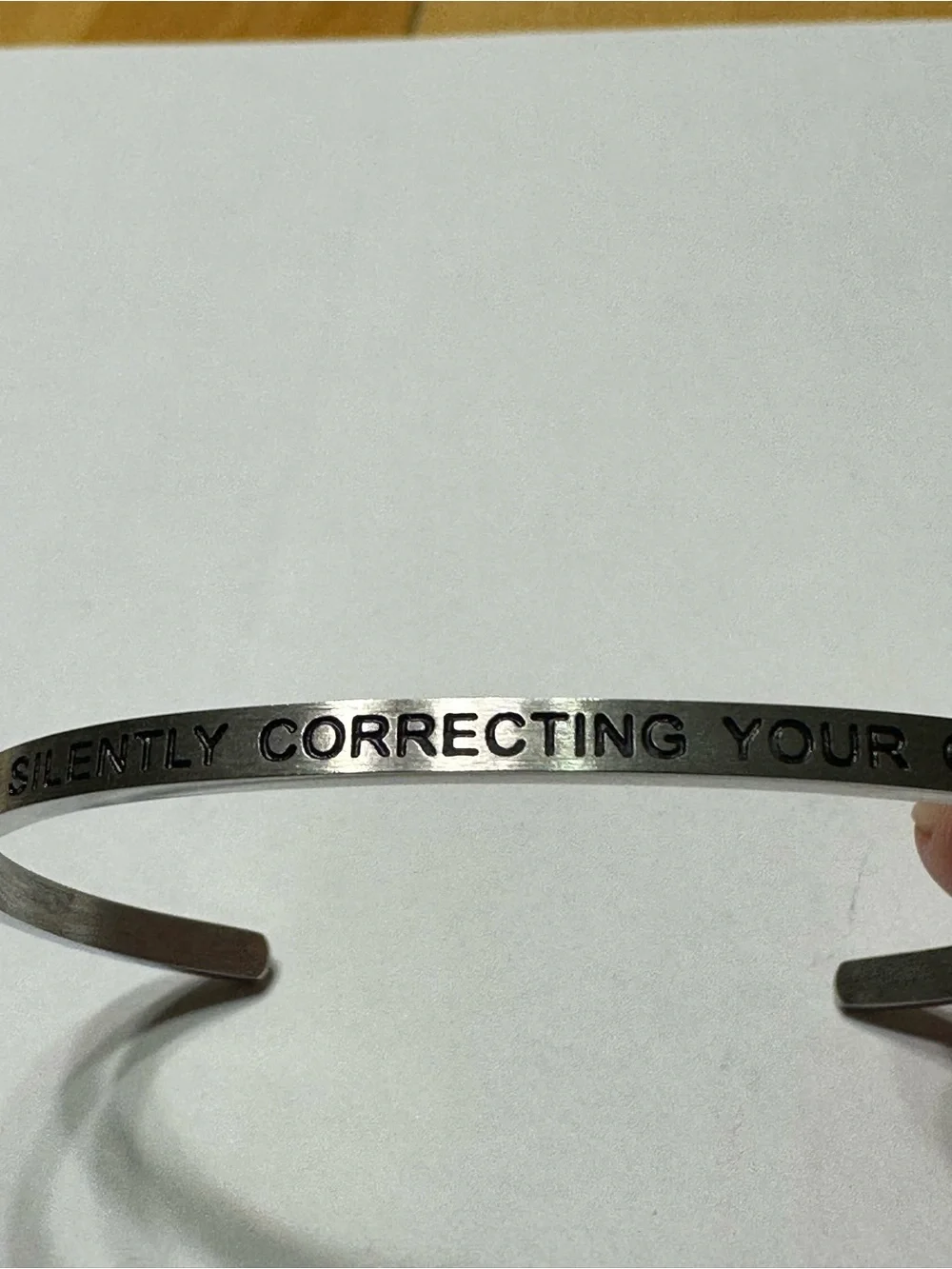 Silver Tone Engraved Mantraband Bracelet - Silently Correcting Your Grammar